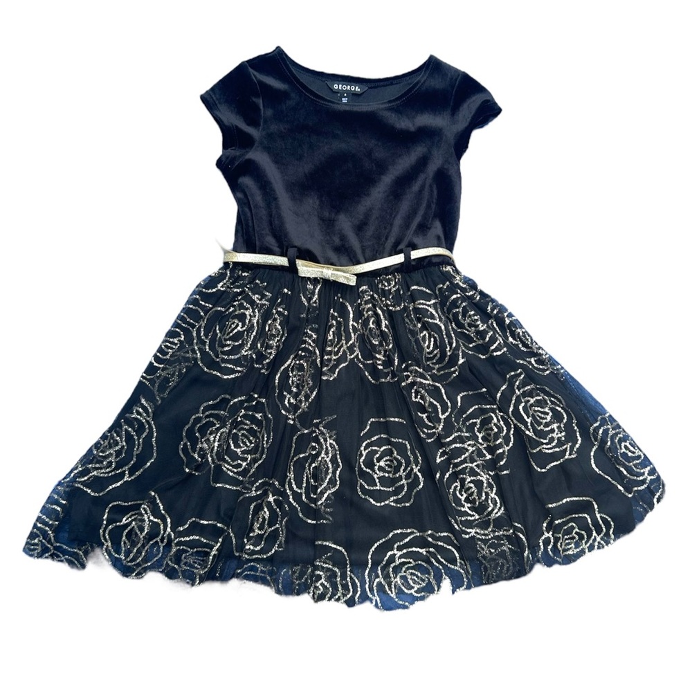 NWOT George Belted Black Velvet & Tulle with Gold Glitter Roses Dress Size 8